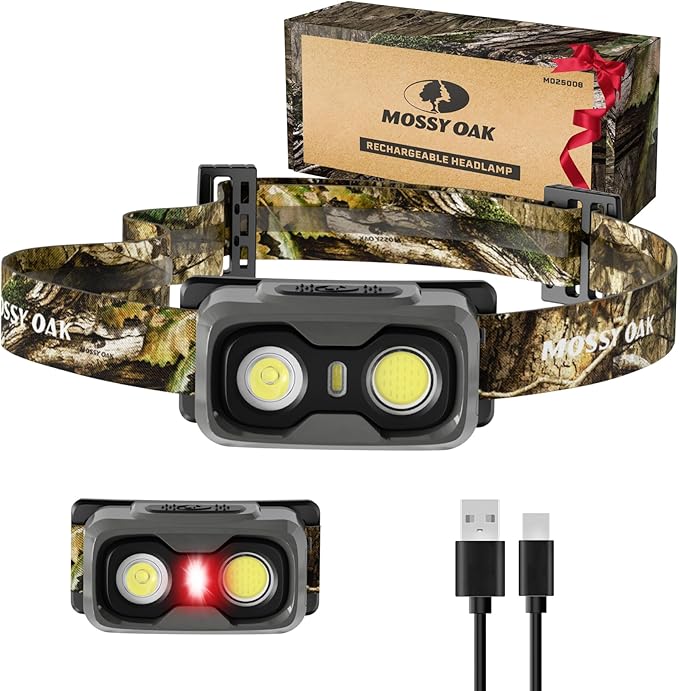 Mossy Oak 600 Lumens Rechargeable Headlamp, Lightweight LED Headlight with White & Red Light, Waterproof Head Lamp with Non-Slip Band, Dimmable & Memory Function for Camping, Running, Christmas Gifts