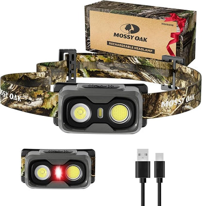 Mossy Oak 600 Lumens Rechargeable Headlamp, Lightweight LED Headlight with White & Red Light, Waterproof Head Lamp with Non-Slip Band, Dimmable & Memory Function for Camping, Running, Christmas Gifts