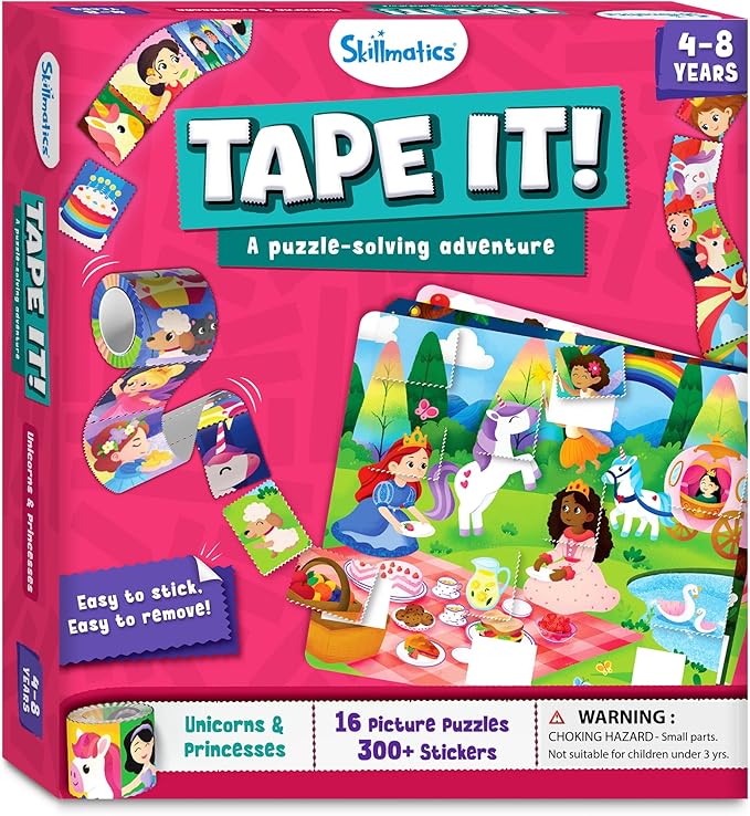 Skillmatics Puzzle Activity - Tape It Unicorn & Princess Sticker Puzzles, 300+ Easy-Tear Stickers, Reusable Art & Craft Kit, Fine Motor Skills & Travel Toy, Gift for Kids Ages 4, 5, 6, 7, 8