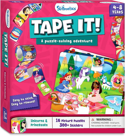Skillmatics Puzzle Activity - Tape It Unicorn & Princess Sticker Puzzles, 300+ Easy-Tear Stickers, Reusable Art & Craft Kit, Fine Motor Skills & Travel Toy, Gift for Kids Ages 4, 5, 6, 7, 8