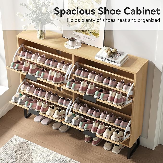 Shoe Cabinet with 4 Flip Drawers Set of 2, Narrow Wood Shoe Cabinet Storage for Entryway, Freestanding Hidden Shoe Organizer Rack Cabinet for Hallway