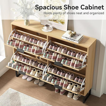 Shoe Cabinet with 4 Flip Drawers, Narrow Wood Shoe Cabinet Storage for Entryway, Freestanding Hidden Shoe Organizer Rack Cabinet for Hallway