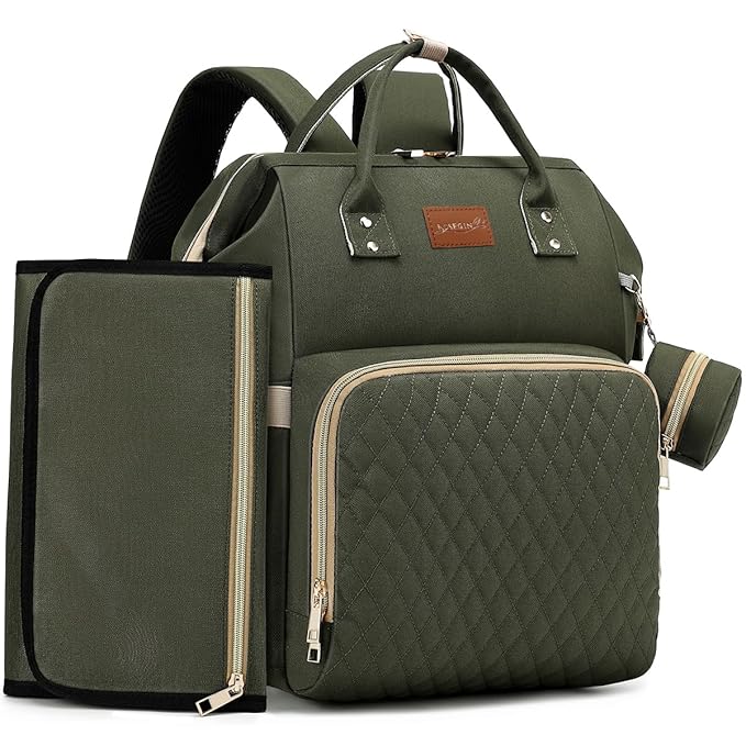 Diaper Bag Backpack with Changing Pad, Pacifier Case, Baby Bag for Boy Girl Toddler - Large, Stylish, Waterproof Travel Quilted Diaper Bag for Mom - Baby Shower - Army Green
