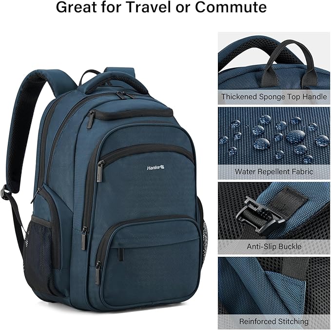 Hanke College Laptop Backpack Multi-Pocket, 18-Inch Large Travel Backpack for Men Women, Water Resistant College Bookbag for 15.6 Inch Laptop, Casual Daily Personal Item Airline Approved,Navy Blue