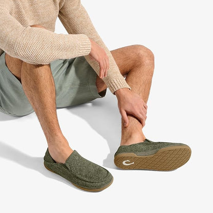 OLUKAI Moloa Hulu Men's Wool-Blend Slippers, Soft & Heathered Knit Slip On Shoes, Suede Leather Foxing, Drop-In Heel Design