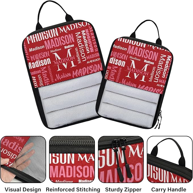 Personalized 6 Set Compression Packing Cubes for Travel Essentials with Name Initial Customized Lightweight Carry on Expandable Luggage Organizer Bags for Women and Men, Red