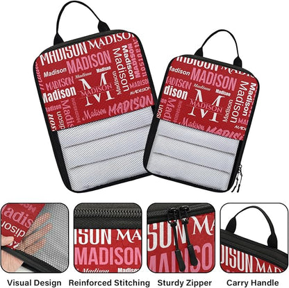 Personalized 6 Set Compression Packing Cubes for Travel Essentials with Name Initial Customized Lightweight Carry on Expandable Luggage Organizer Bags for Women and Men, Red