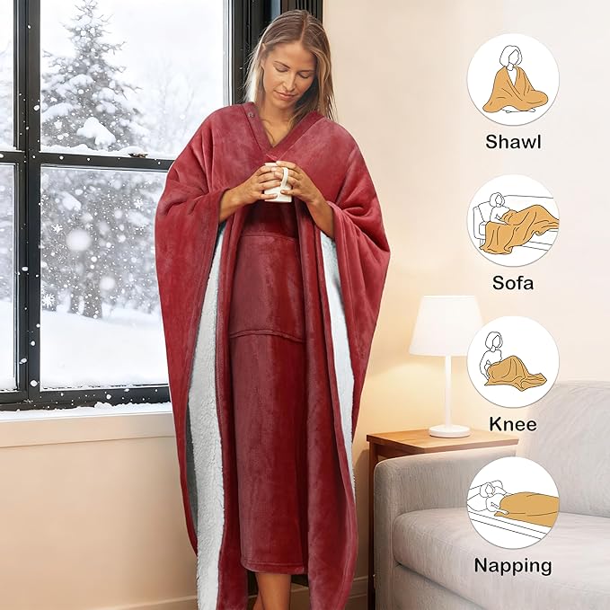 Catalonia Sherpa Wearable Blanket Poncho for Adult Women Men, Wrap Blanket Cape with Pocket, Warm, Soft, Cozy, Snuggly, Comfort Gift, No Sleeves, Wine