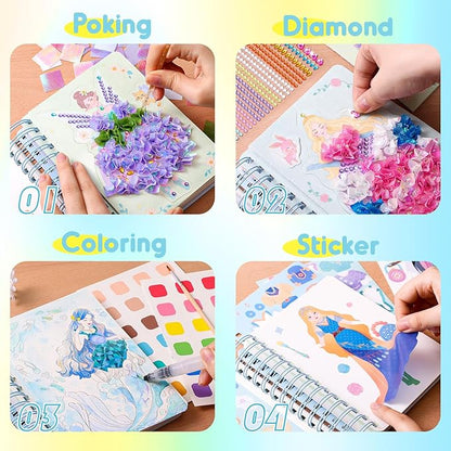 MIROLA KIDS 4 in 1 Poke Craft Kits for Girls, Magic Princess Crafts for Kids Ages 4-8, DIY Activity with Princess Stickers, Watercolor Paint, Diamond Art Gifts for 4 5 6 7 8+ Year Old Girls