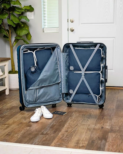 Large Compression Packing Cubes for Travel-Packing Cube Luggage Organizers 7 Piece Set for Checked Luggage-Ultralight, Expandable/Compression Bags by TRIPPED Travel Gear (Navy/White)