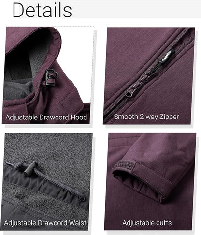 Outdoor Ventures Women's Softshell Jacket with Removable Hood Fleece Lined Windbreaker Insulated Long Warm Rain Jacket