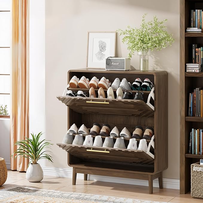Spaco Walnut Shoe Cabinet for Entryway,Narrow Shoe Storage Cabinet with 2 Flip Drawers,Slim Shoe Rack Organizer for Hallway