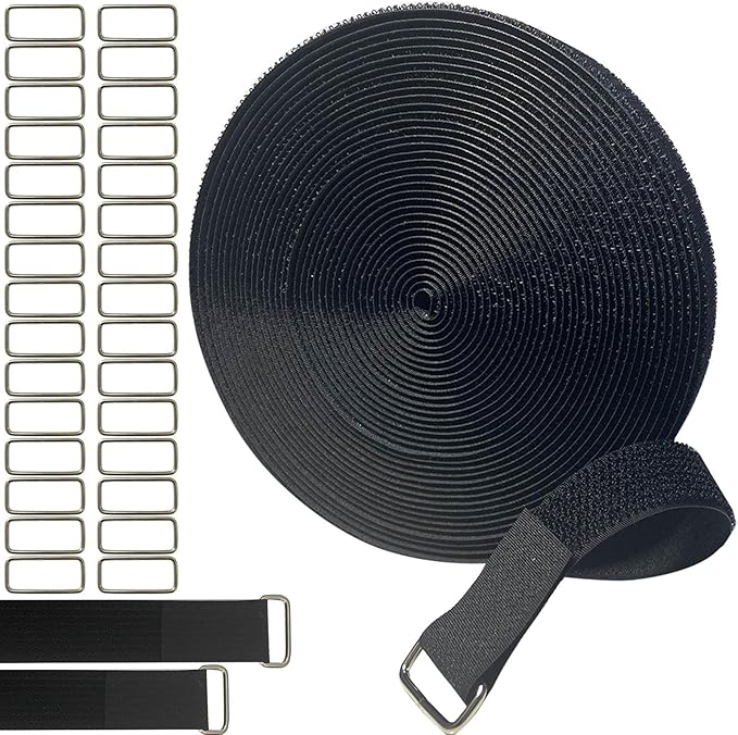1inx32ftHook and Loop Cable Straps with 50 Metal Buckles, Adjustable Fastening Straps, Reusable Free Cut Length Cord Straps