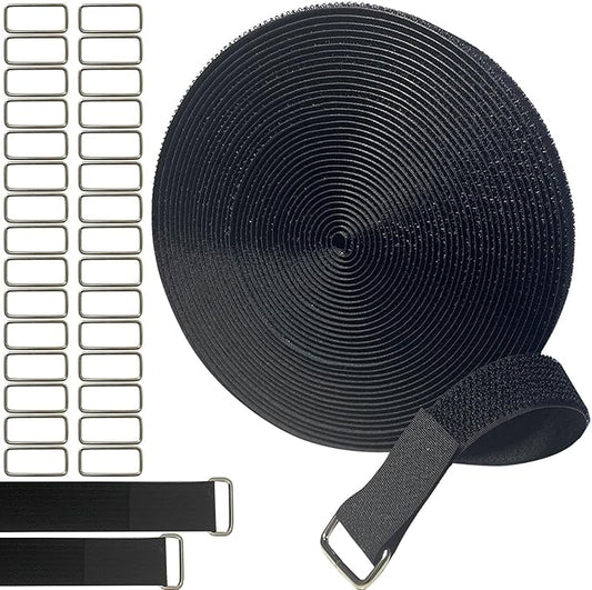 1inx32ftHook and Loop Cable Straps with 50 Metal Buckles, Adjustable Fastening Straps, Reusable Free Cut Length Cord Straps