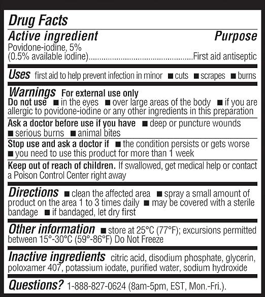 Betadine Antiseptic First Aid Spray, Povidone-iodine 5%, Infection Protection, Kills Germs In Minor Cuts Scrapes And Burns, No Sting Promise, No Alcohol or Hydrogen Peroxide, 3 FL OZ