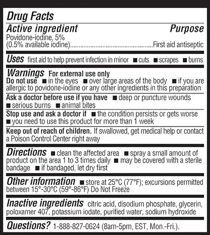 Betadine Antiseptic First Aid Spray, Povidone-iodine 5%, Infection Protection, Kills Germs In Minor Cuts Scrapes And Burns, No Sting Promise, No Alcohol or Hydrogen Peroxide, 3 FL OZ