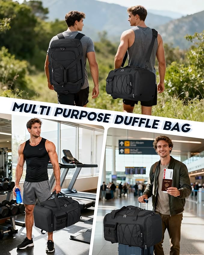 SDYSM Gym Bag for Men 45L Sports Duffel Bags 3-in-1 Travel Duffel Bag with Shoe Compartment, Gym Workout Backpack Carry On Weekender Bag Overnight Bag for Travel, Black