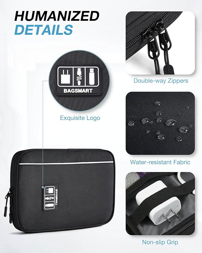 BAGSMART Large Electronics Travel Organizer Case, Tech Accessories Cord Storage Bag for Phone, Power Bank, SD Card, Cables, Black