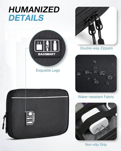 BAGSMART Large Electronics Travel Organizer Case, Tech Accessories Cord Storage Bag for Phone, Power Bank, SD Card, Cables, Black