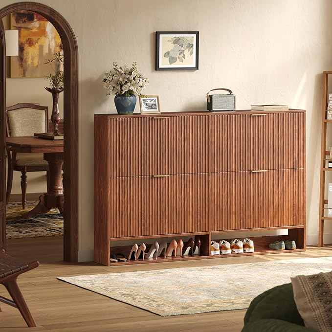 47.2''W Walnut Shoe Storage Cabinet for Entryway with 4 Flip Drawers, Fluted Slim Shoe Cabinet, Free Standing Wooden Shoes Organizer for Foyer, Hallway