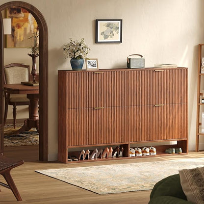 47.2''W Walnut Shoe Storage Cabinet for Entryway with 4 Flip Drawers, Fluted Slim Shoe Cabinet, Free Standing Wooden Shoes Organizer for Foyer, Hallway