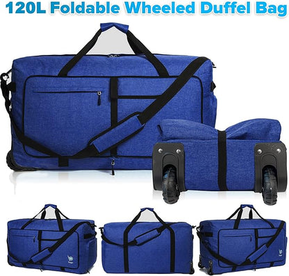 Bago Rolling Duffle Bag with Wheels - 31" 120L Foldable Weekender Bag, Waterproof Travel Duffel Bag, Heavy Duty Lightweight Duffle Bag for Traveling, Rolling Duffel Bag with Wheels(SnowDepBlue)