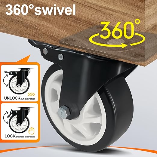 Caster Wheels 4 Inch, Heavy Duty Caster Set of 4, Swivel Castor Wheel with Dual Locking Brakes, Silent Polyurethane (PU) Wheels-Black