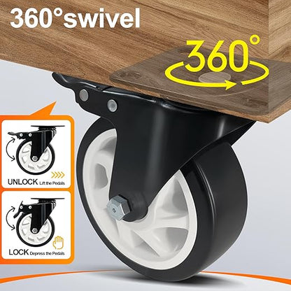 Caster Wheels 4 Inch, Heavy Duty Caster Set of 4, Swivel Castor Wheel with Dual Locking Brakes, Silent Polyurethane (PU) Wheels-Black