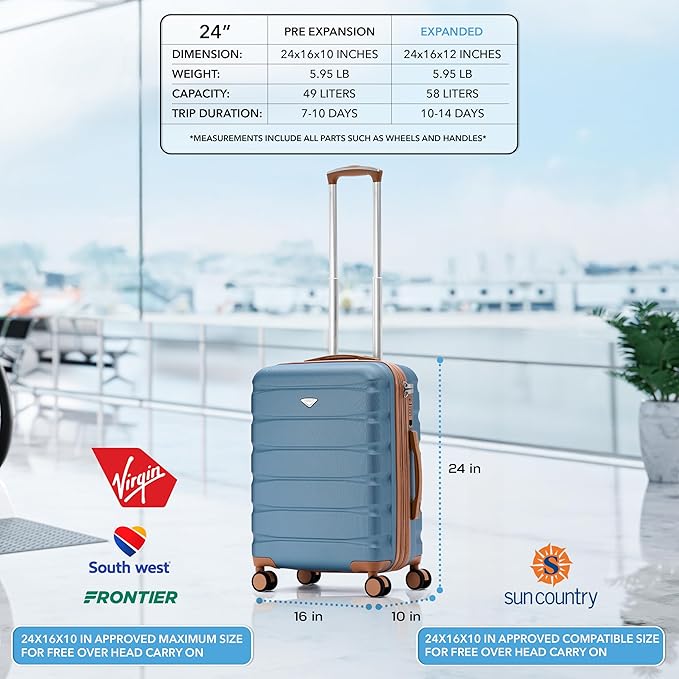 Flight Knight 24x16x10 Expandable Carry On Suitcase Hardside TSA Lock USB C Lightweight Luggage Silent Double Spinner Wheels Maximum Overhead Carry-On Bag For Virgin & South West Approved Airlines