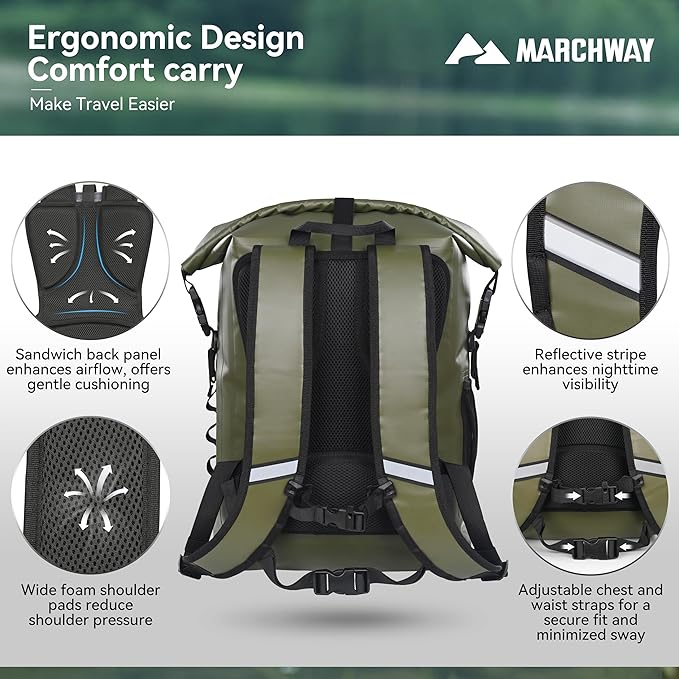 MARCHWAY Roll Top Waterproof Backpack, Floating Dry Bag 20L/30L/45L with Ergonomic Rectangular Base, Cushioned Back, Hip Strap for Hiking Camping Kayaking Travel (Army Green, 30L)