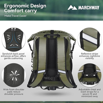 MARCHWAY Roll Top Waterproof Backpack, Floating Dry Bag 20L/30L/45L with Ergonomic Rectangular Base, Cushioned Back, Hip Strap for Hiking Camping Kayaking Travel (Army Green, 30L)