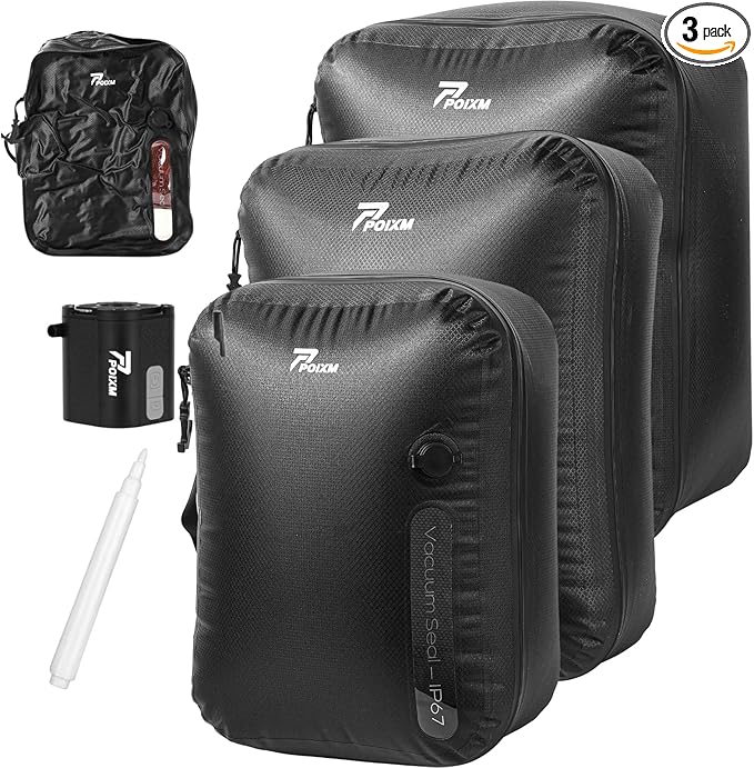 Vacuum Bags for Travel with Wireless Pump, 180° Open Zipper, IP67 Waterproof, Reusable Space Saver Compression Bags for Backpack, Suitcase, Home Storage(3 Pack + Pump)