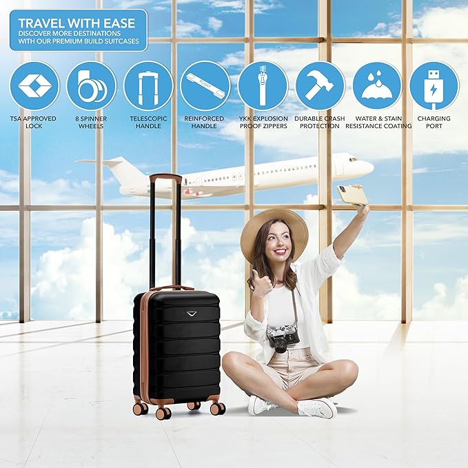 Flight Knight 22x14x9 Expandable Carry On Suitcase Hardside TSA Lock USB C Port Lightweight Luggage Silent Double Spinner Wheels Maximum Overhead Carry-On Bag For American & United Approved Airlines