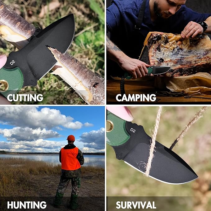FLISSA Fixed Blade Knife, 7 Inch Full Tang Hunting Knife with G10 Handle, Kydex Sheath and Emergency Rope for Tactical, Survival, Camping, Hiking(Green)