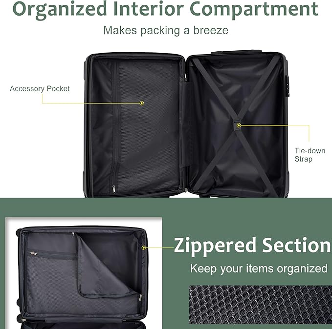 Merax Luggage Sets 3 Piece, Hardshell ABS Lightweight Durable Suitcases with Double Spinner Wheels, Green, 20/24/28 Inch