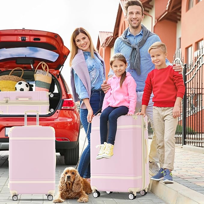 Merax Luggage Set, 3 Piece Luggage with Cosmetic Case, Vintage Hardcase Suitcase with Wheels, Expandable Luggage Airline Approved(Light Pink,20"+24"+28")