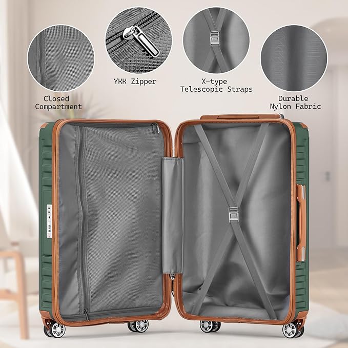 Melalenia Luggage Sets 5 Piece with Duffel Bag, Hard Shell Carry on Suitcase with Spinner Wheels and TSA Lock, Travel Lightweight Luggage Set for Women, Green Brown