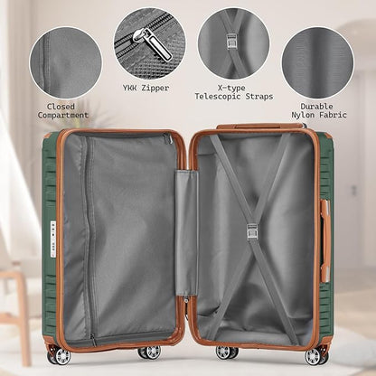 Melalenia Luggage Sets 3 Piece, Hard Shell Carry on Suitcase with Spinner Wheels and TSA Lock, Travel Lightweight Luggage Set for Women, Green Brown