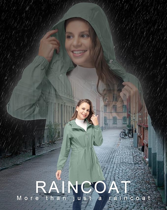 33,000ft Women's Waterproof Long Rain Coats Packable Rain Jacket with Hood Trench Coats Windbreaker