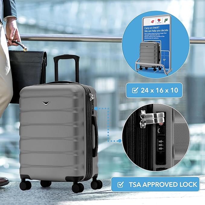 Flight Knight 24x16x10 Expandable Carry On Suitcase Hardside TSA Lock USB C Lightweight Luggage Silent Double Spinner Wheels Maximum Overhead Carry-On Bag For Virgin & South West Approved Airlines