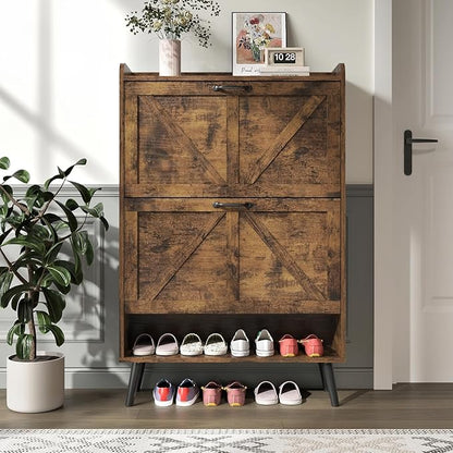 Shoe Cabinet Storage with 2 Flip Drawers, Hidden Shoe Cabinet for Entryway Slim, Farmhouse Shoe Organizer with Wood Legs, Narrow Shoe Rack Cabinet, Rustic Brown