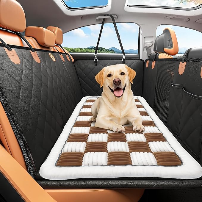 Backseat Dog Bed Non-Slip, Back Seat Pet Mat, Soft and Comfortable Dog Seat Covers for Travel, Pet Car Blanket for Backseat Extender and Seat Covers (Brown&White, 51.2"x24.6")