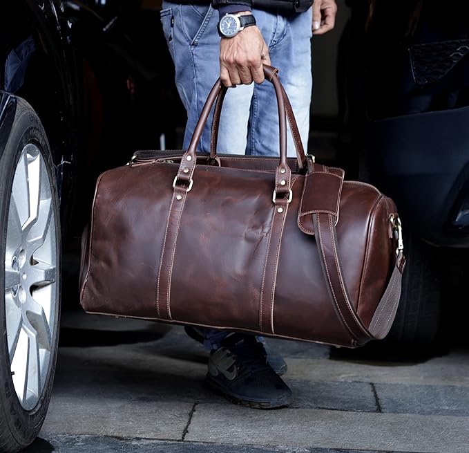 Leather Travel Bag,Weekender Overnight Bag Leather Large Carry On Bag Travel Tote Duffel Bag for Men & Women (Dark Brown)