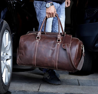 Leather Travel Bag,Weekender Overnight Bag Leather Large Carry On Bag Travel Tote Duffel Bag for Men & Women (Dark Brown)