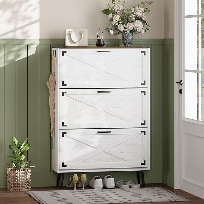 Shoe Organizer Cabinet Narrow with 3 Flip Drawers Shoe Rack Cabinet Hidden Slim Freestanding Shoe Storage Cabinet 24 Shoes for Entryway,Living Room, White Walnut