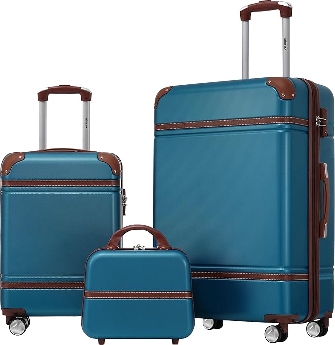Merax Luggage Set, 2 Piece Luggage with Cosmetic Case, Vintage Hardcase Suitcase with Wheels, Expandable Luggage Airline Approved(Blue,20"+28")