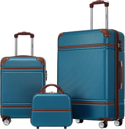 Merax Luggage Set, 2 Piece Luggage with Cosmetic Case, Vintage Hardcase Suitcase with Wheels, Expandable Luggage Airline Approved(Blue,20"+28")