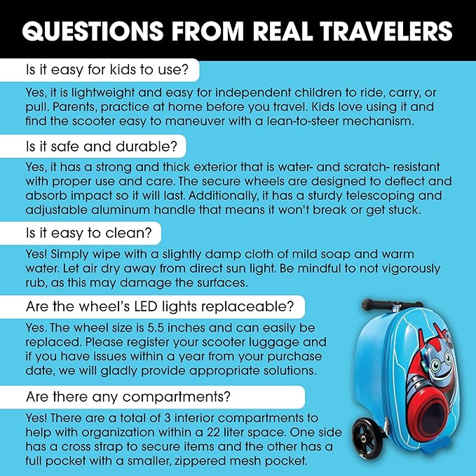KIDDIETOTES Hardshell Kids Suitcase Scooter - Airline Approved Suitcase with Scooter - Foldable with LED Light-Up Wheels