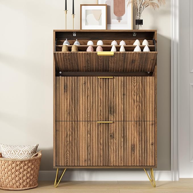Shoe Storage Cabinet with 3 Flip Drawers, 31.5" W Fluted Shoe Cabinet for Entryway, Hidden Shoe Cabinet Storage, Narrow Free Standing Shoe Orgnaizer Rack Cabinet for Foyer Hallway, Natural