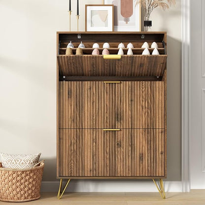 Shoe Storage Cabinet with 3 Flip Drawers, 31.5" W Fluted Shoe Cabinet for Entryway, Hidden Shoe Cabinet Storage, Narrow Free Standing Shoe Orgnaizer Rack Cabinet for Foyer Hallway, Natural